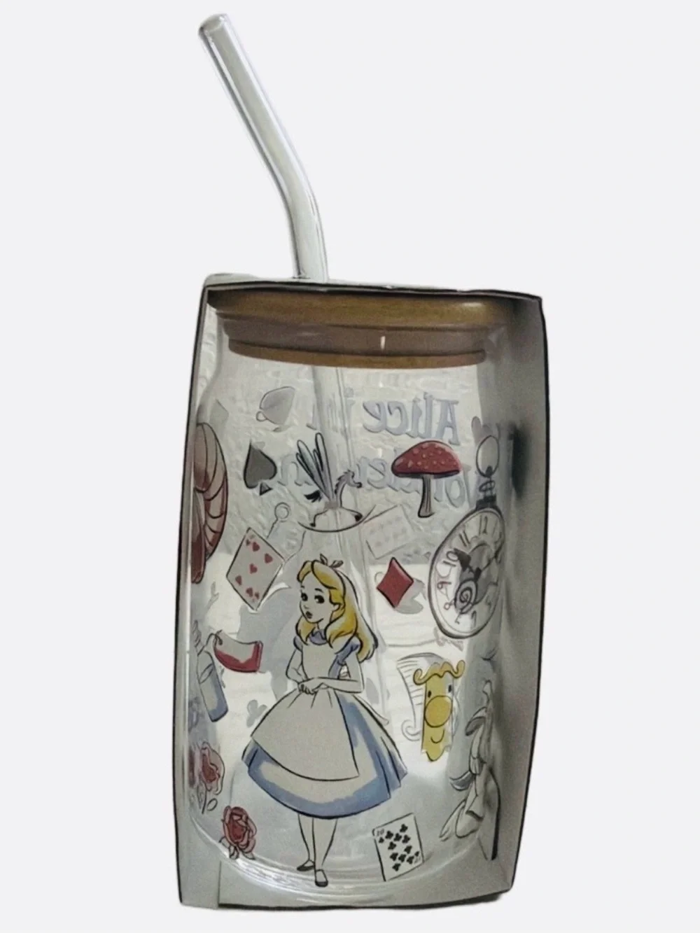 Disney Alice in Wonderland Glass Tumbler Bamboo Lid Glass Straw 16 oz NWT